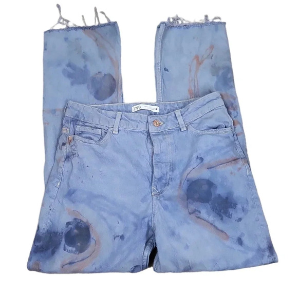 Zara Tie Dye Smiley MID-RISE Z1975 STRAIGHT LEG JEANS - Picture 1 of 8